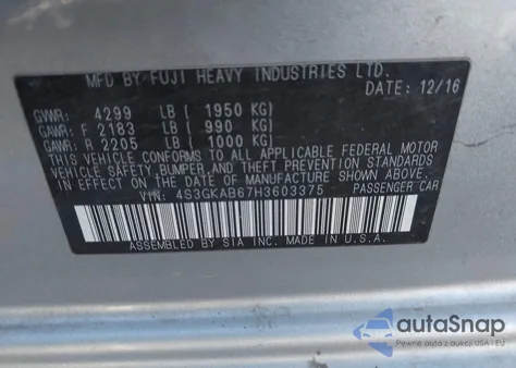 2017 Subaru Impreza 2.0I Premium z USA, uszkodzony, nr VIN 4S3GKAB67H3603375